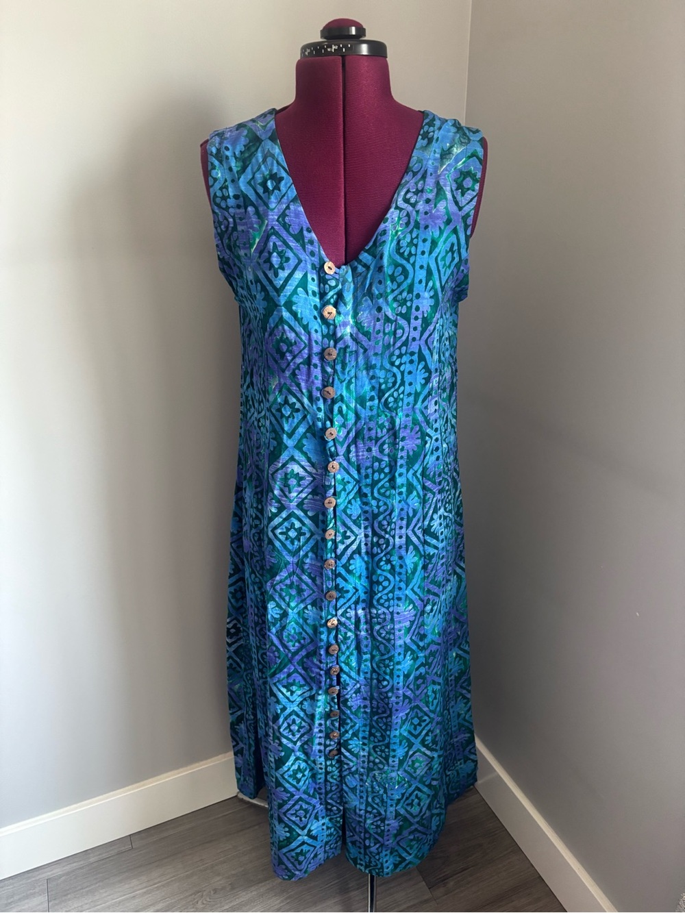Odyssey Rayon Blue-Green Printed Button-Front Maxi Dress